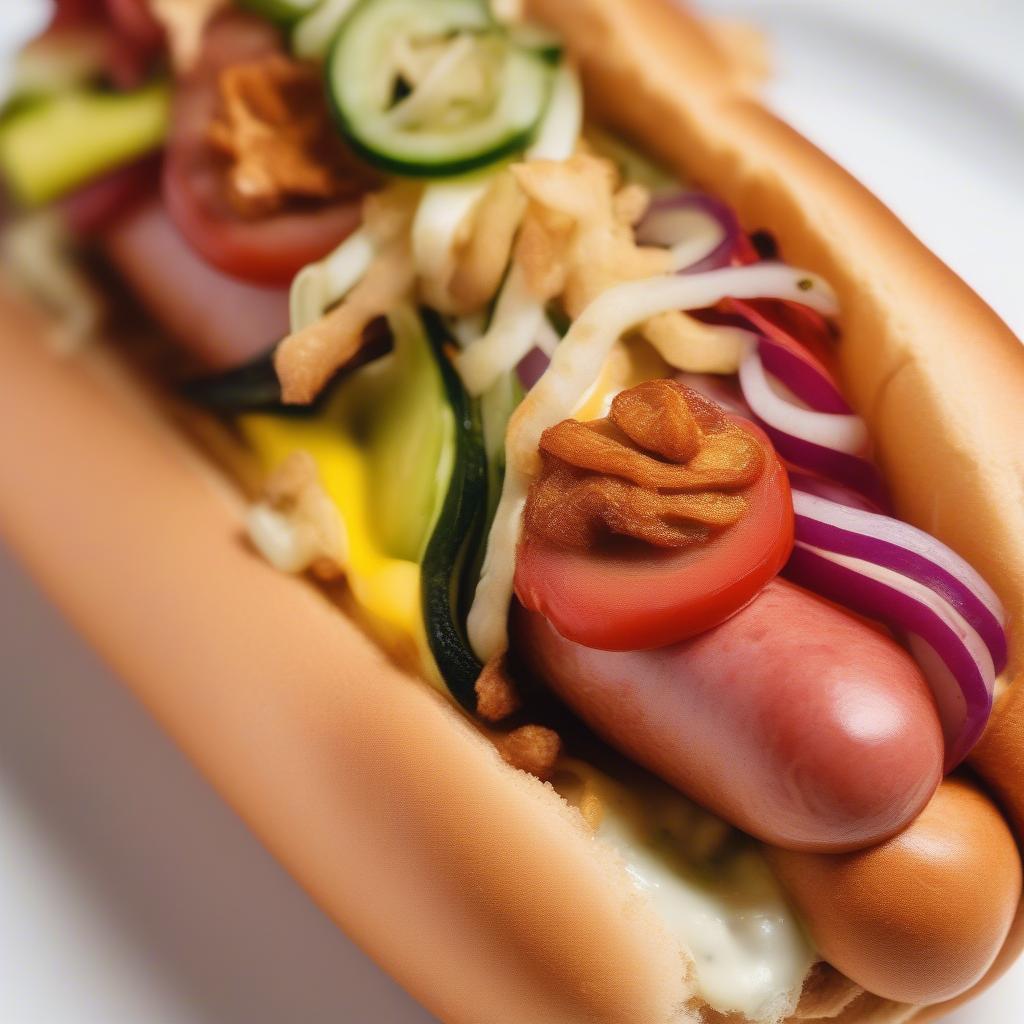 Bánh mì hotdog Đan Mạch với xúc xích đỏ tươi, sốt mayonnaise, mù tạt và hành tây chiên giòn.