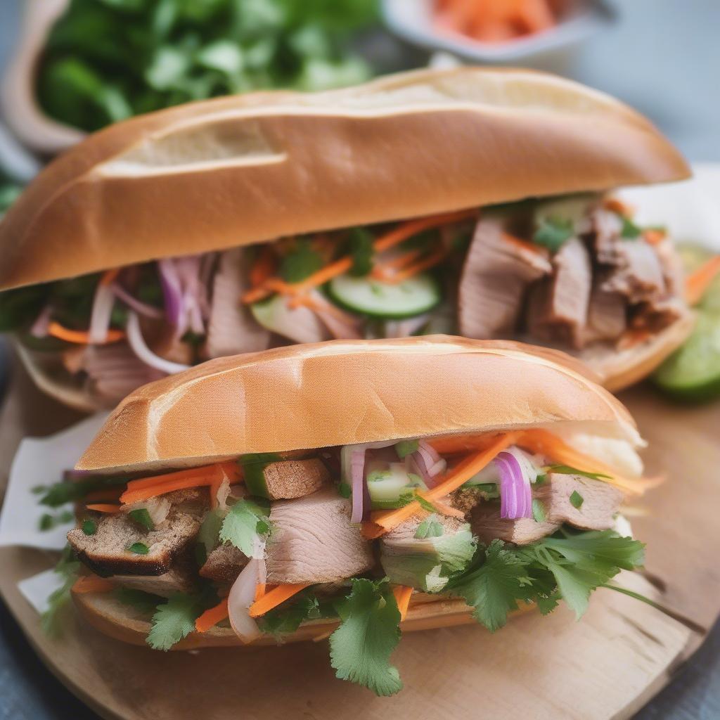 Bánh mì kẹp Sài Gòn đầy ắp nhân thịt, pate, rau thơm.