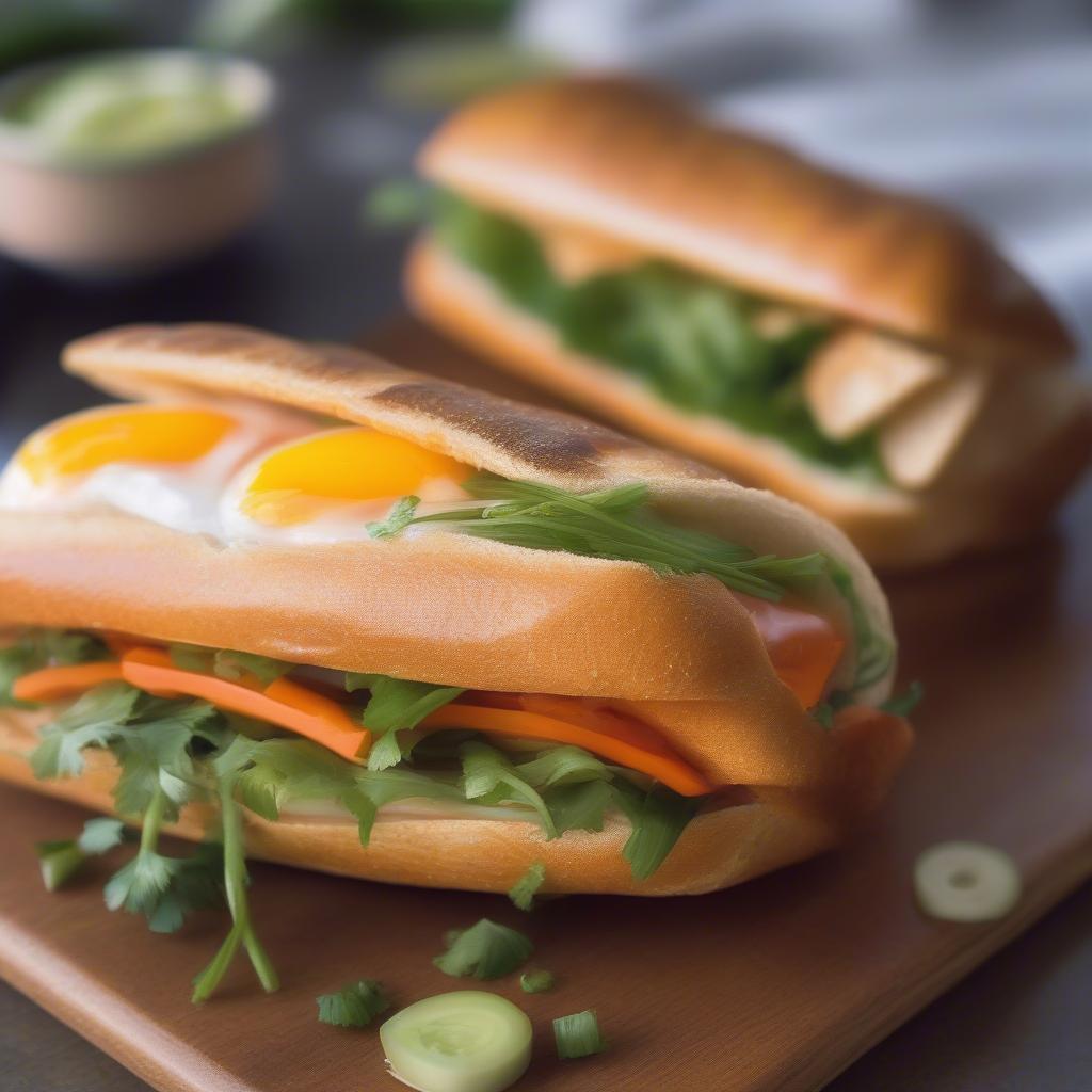 Bánh mì trứng ốp la cơ bản với trứng ốp la vàng ươm, hành lá xanh mướt và ổ bánh mì nóng giòn.