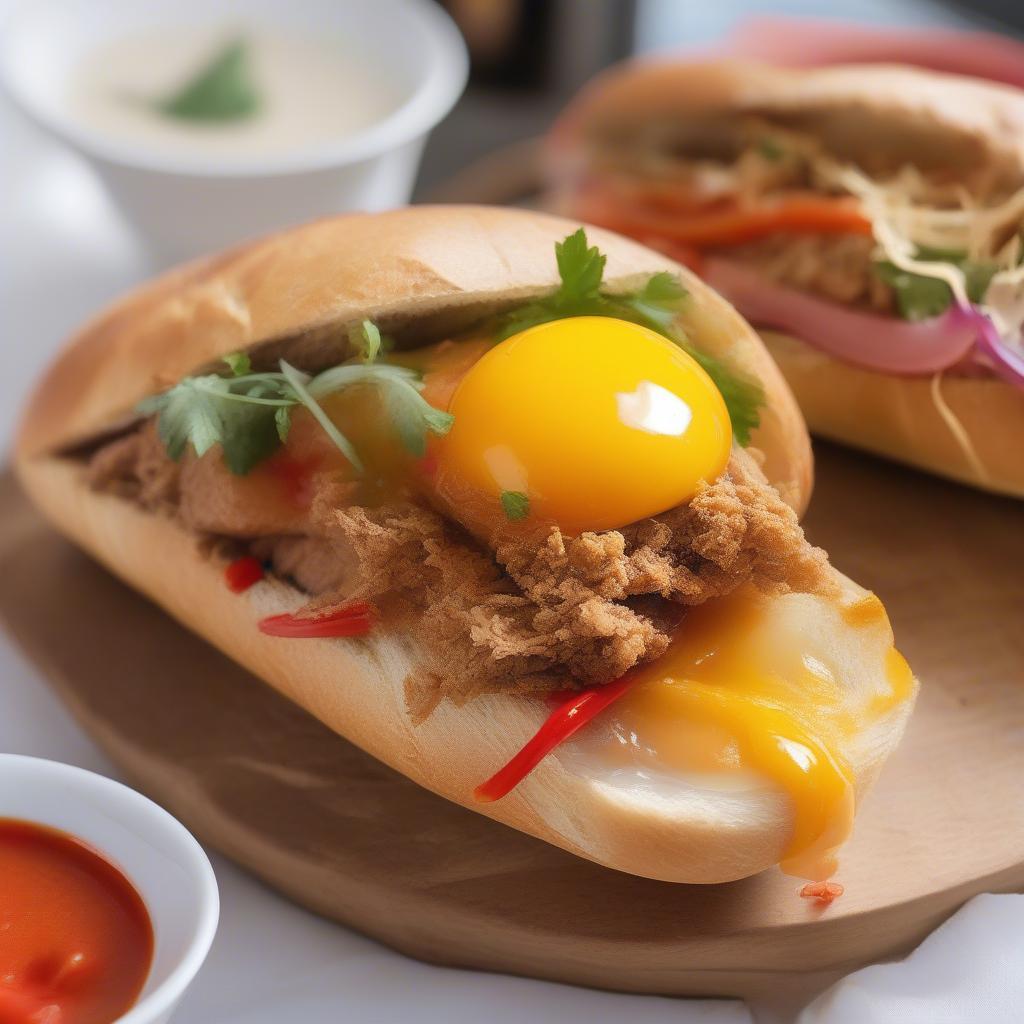 Bánh mì trứng ốp la pate với pate béo ngậy, trứng ốp la thơm ngon và bánh mì giòn tan.