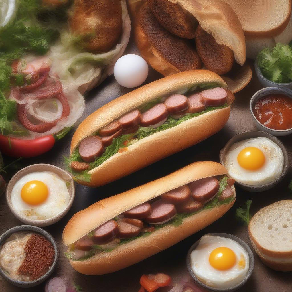 Bánh mì trứng ốp la xúc xích với xúc xích thơm ngon, trứng ốp la béo ngậy và bánh mì giòn rụm.