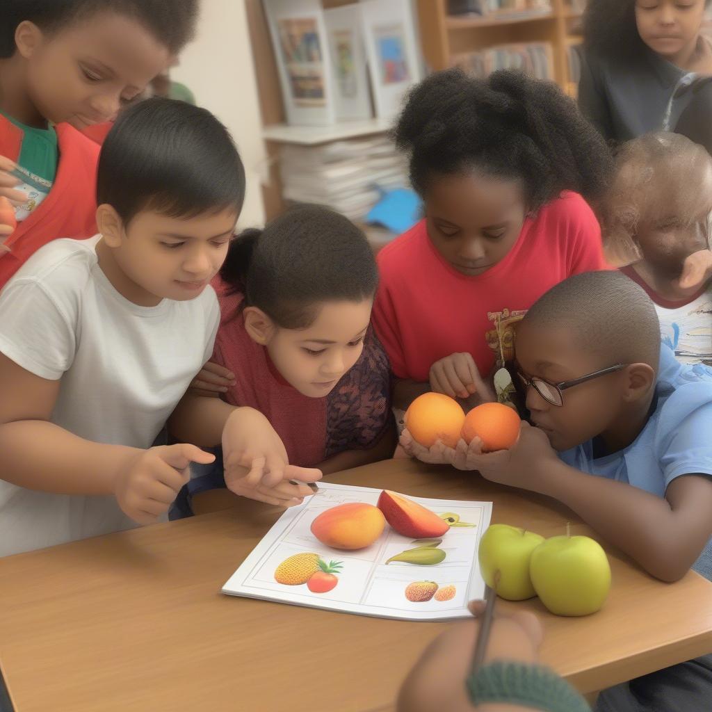 Children learning to read with a lesson on fruits