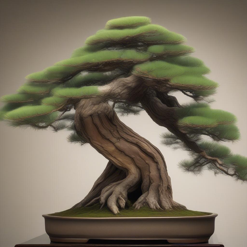 Hình ảnh cây bonsai tùng lá kim với dáng vẻ cổ kính, mạnh mẽ