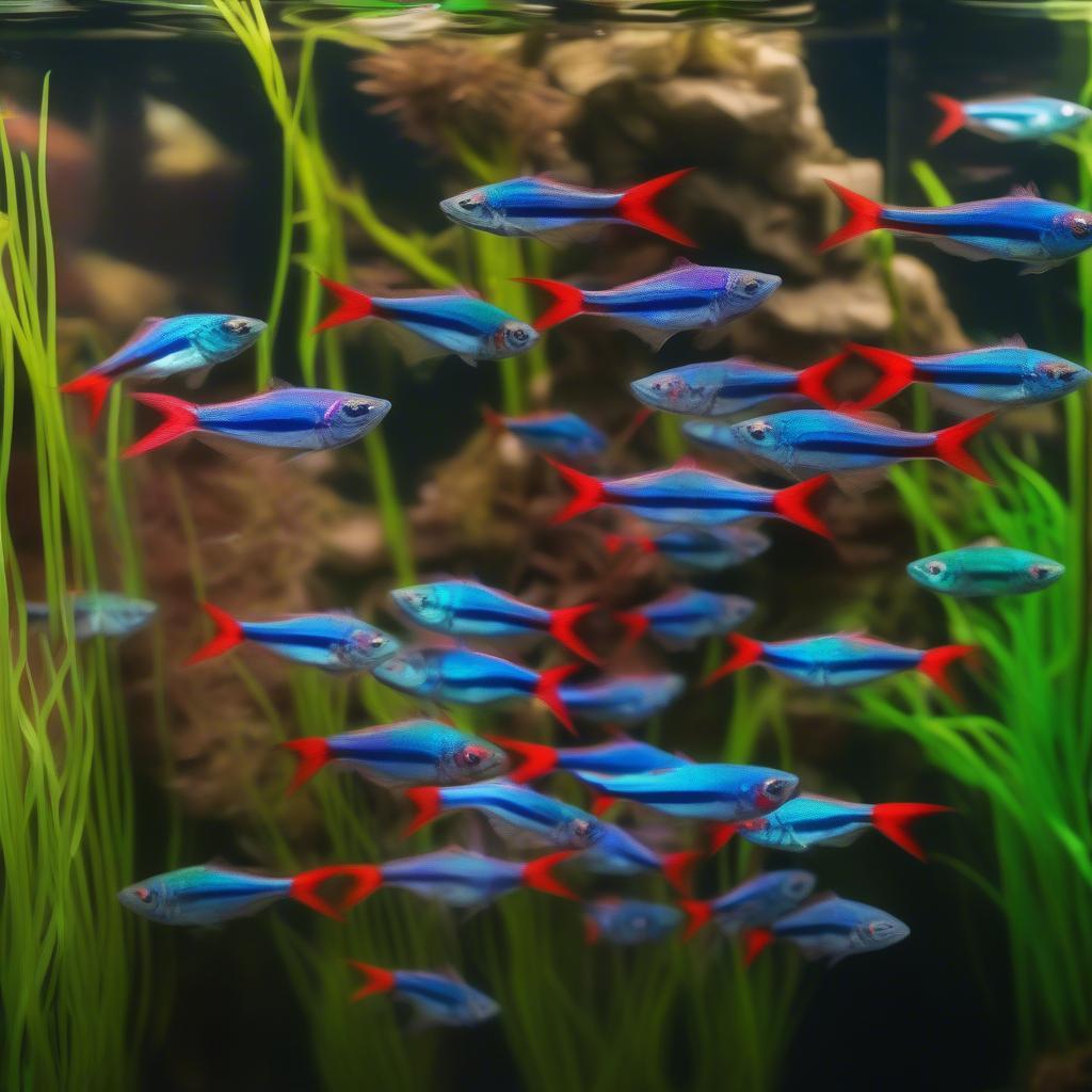 Bầy cá neon tetra rực rỡ sắc màu bơi lội trong bể thủy sinh