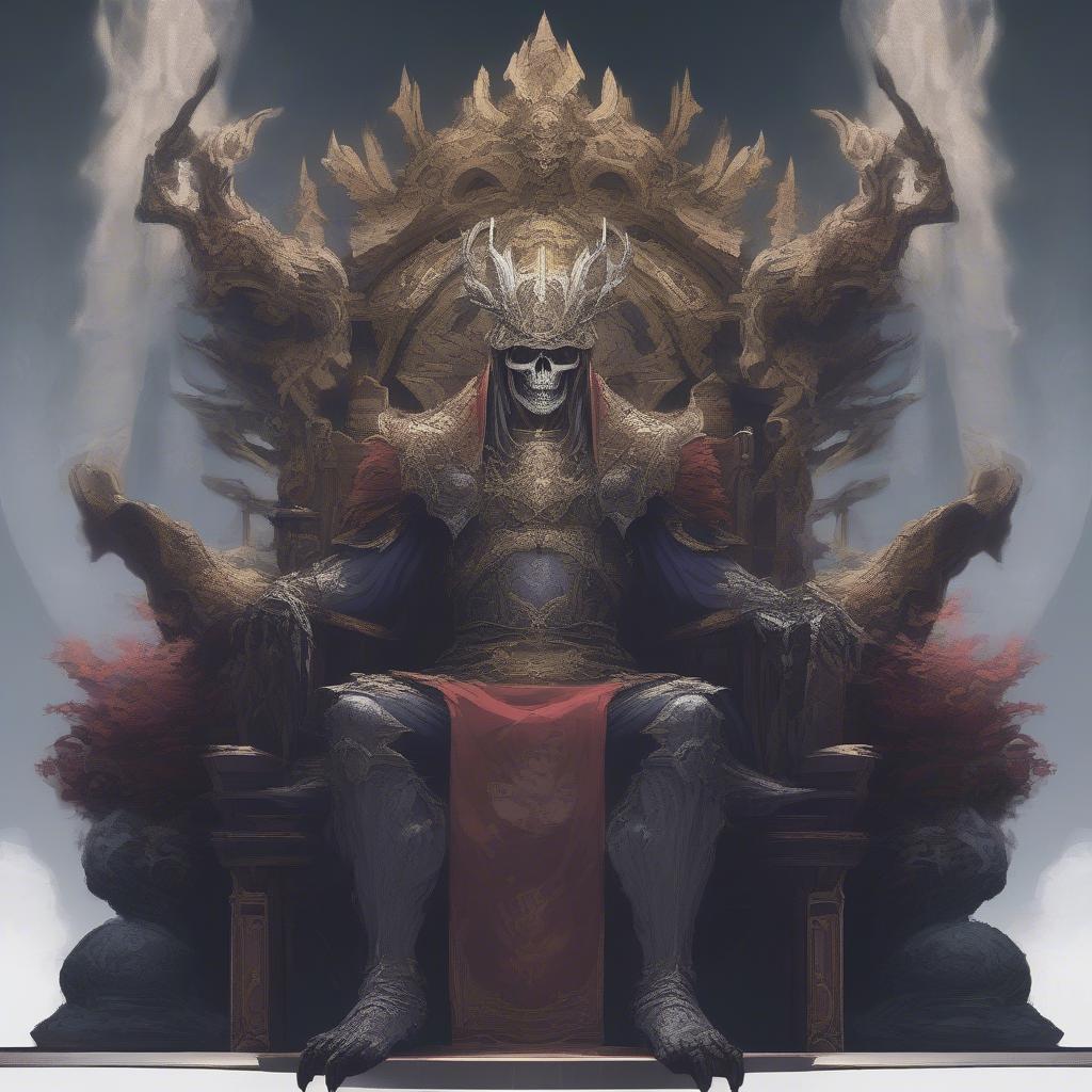 Overlord: Hình ảnh Momonga trong hình dạng Overlord đứng trên ngai vàng.