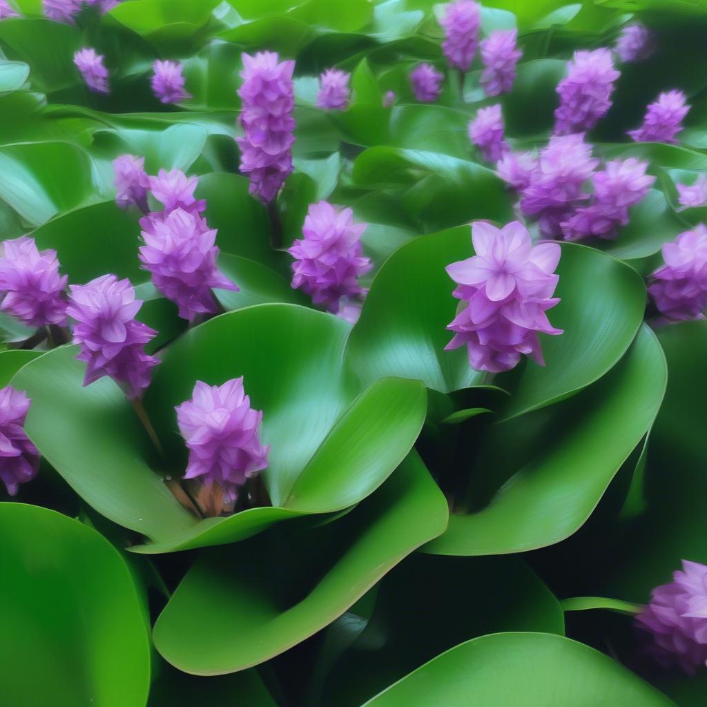 Water hyacinth covering the surface of the Ngo Dong River in Trang An.