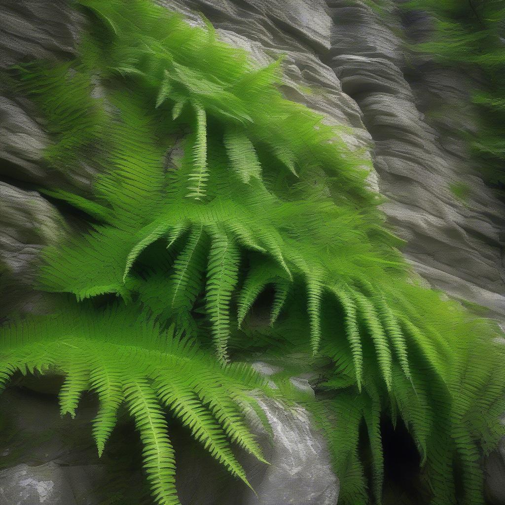 Ferns growing on the limestone cliffs in Trang An.