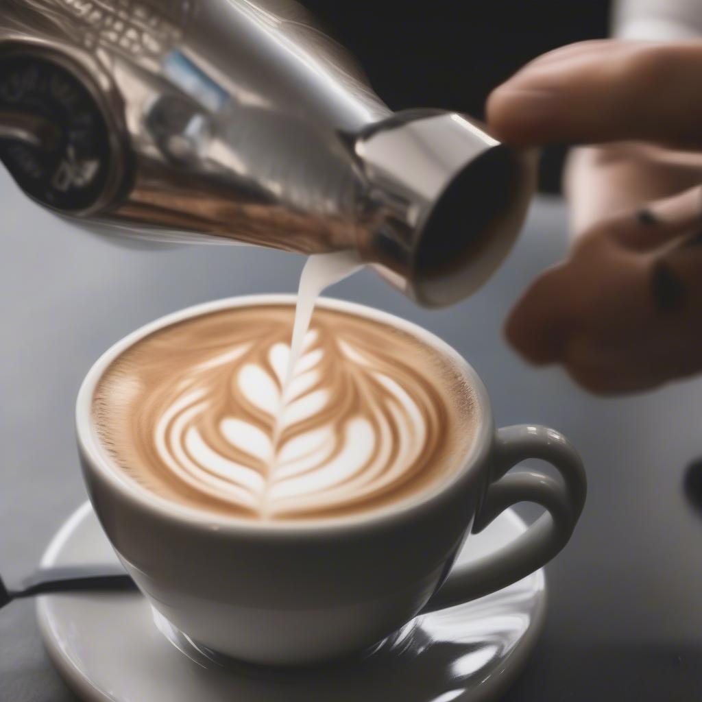 Barista đang tạo hình Latte Art trên tách cà phê