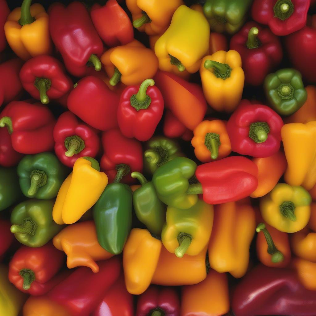 Various sweet pepper varieties with different colors and shapes.