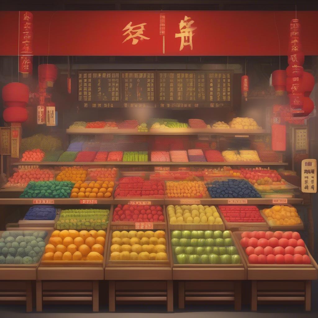 Various fruits with their Chinese names displayed in a market setting