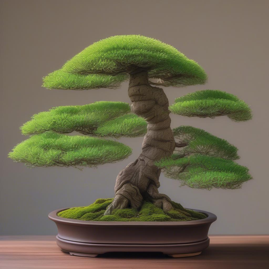 Hình ảnh một cây bonsai đẹp với tán lá xanh mướt và thân cây uốn lượn tinh tế