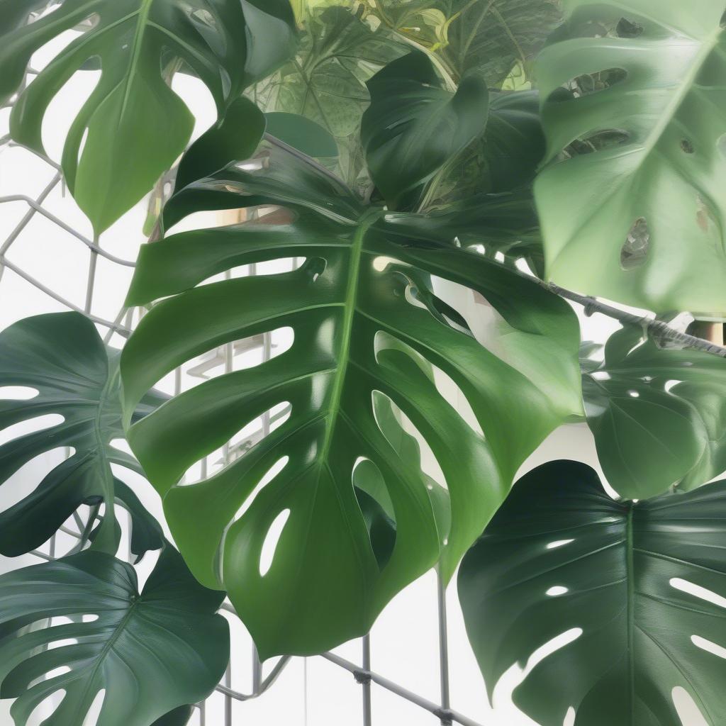 Cây Monstera leo giàn, lá to, xẻ sâu, xanh mướt.