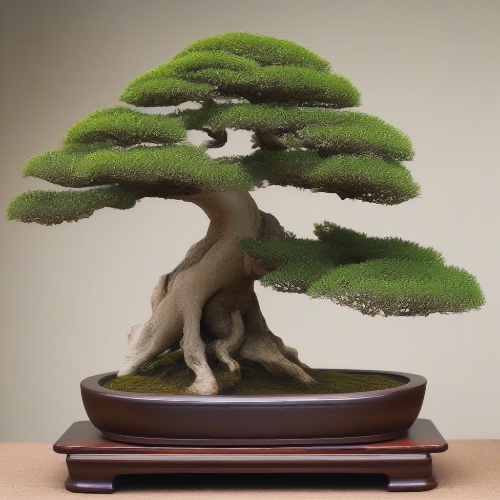 Cây tùng la hán với dáng bonsai độc đáo.