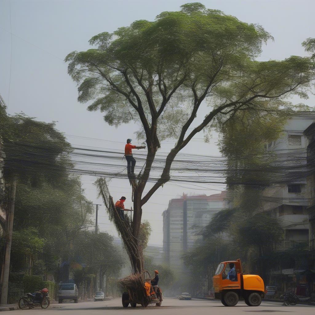 Công nhân chăm sóc cây xanh trên đường phố Hà Nội