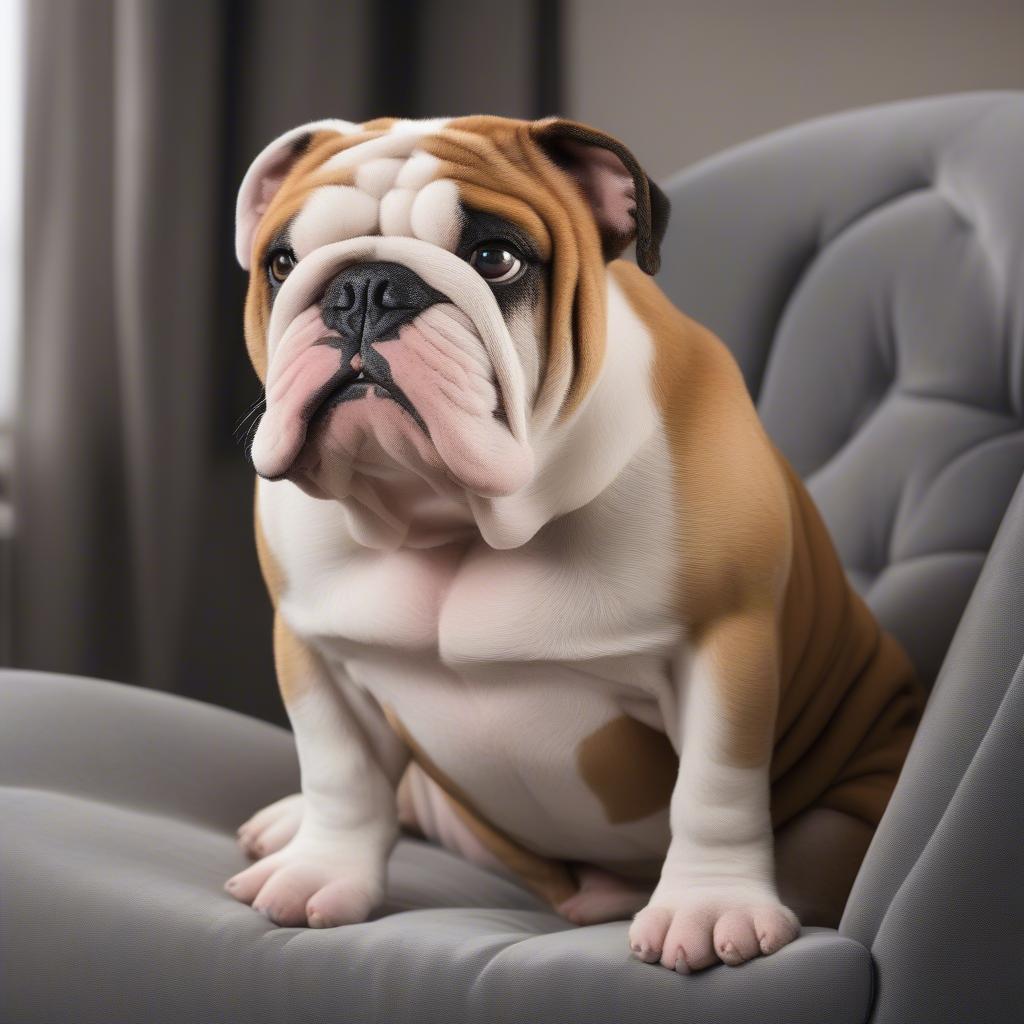 Chó Bulldog Anh ngồi ghế thư giãn