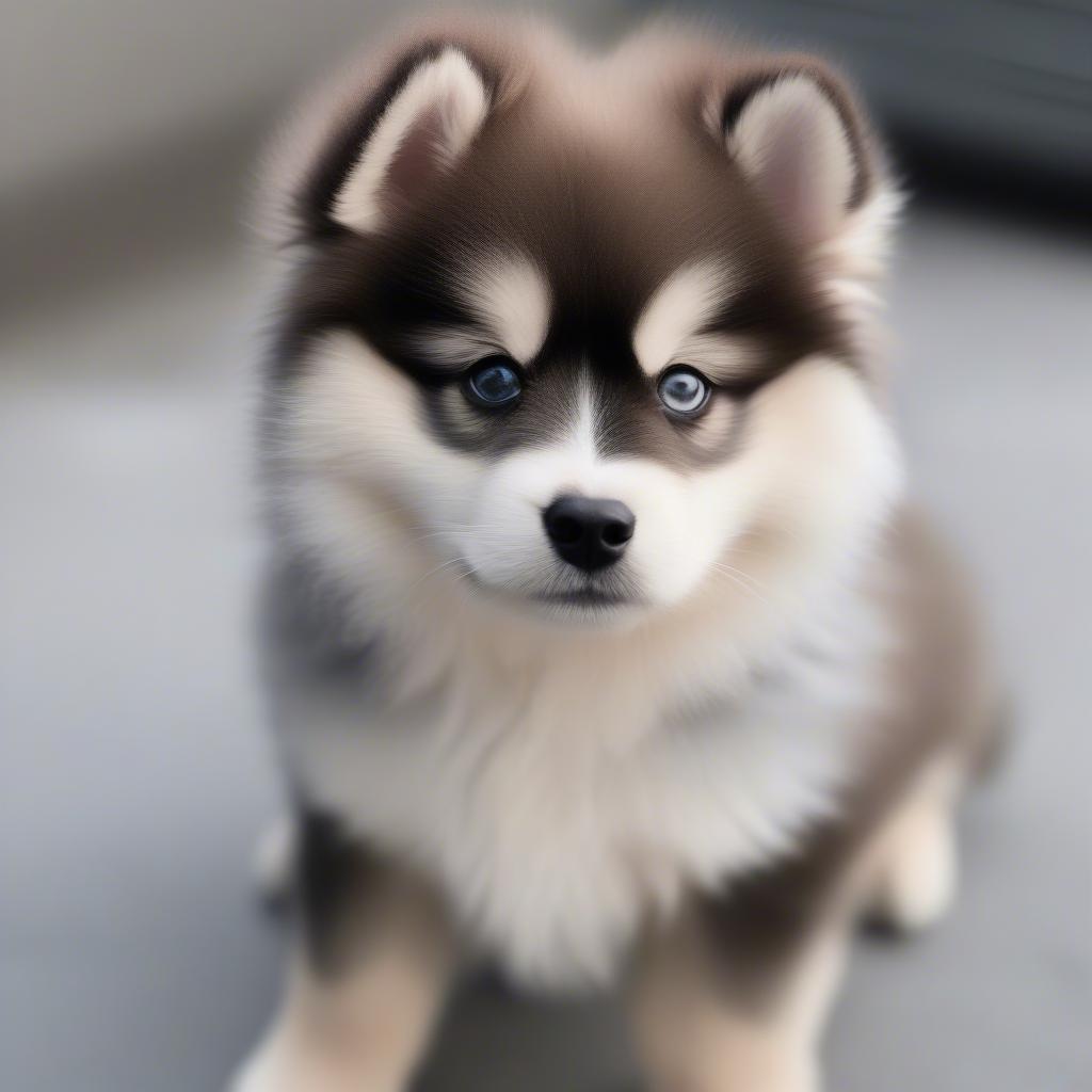 Chó con Pomsky đáng yêu với bộ lông xù và đôi mắt long lanh.