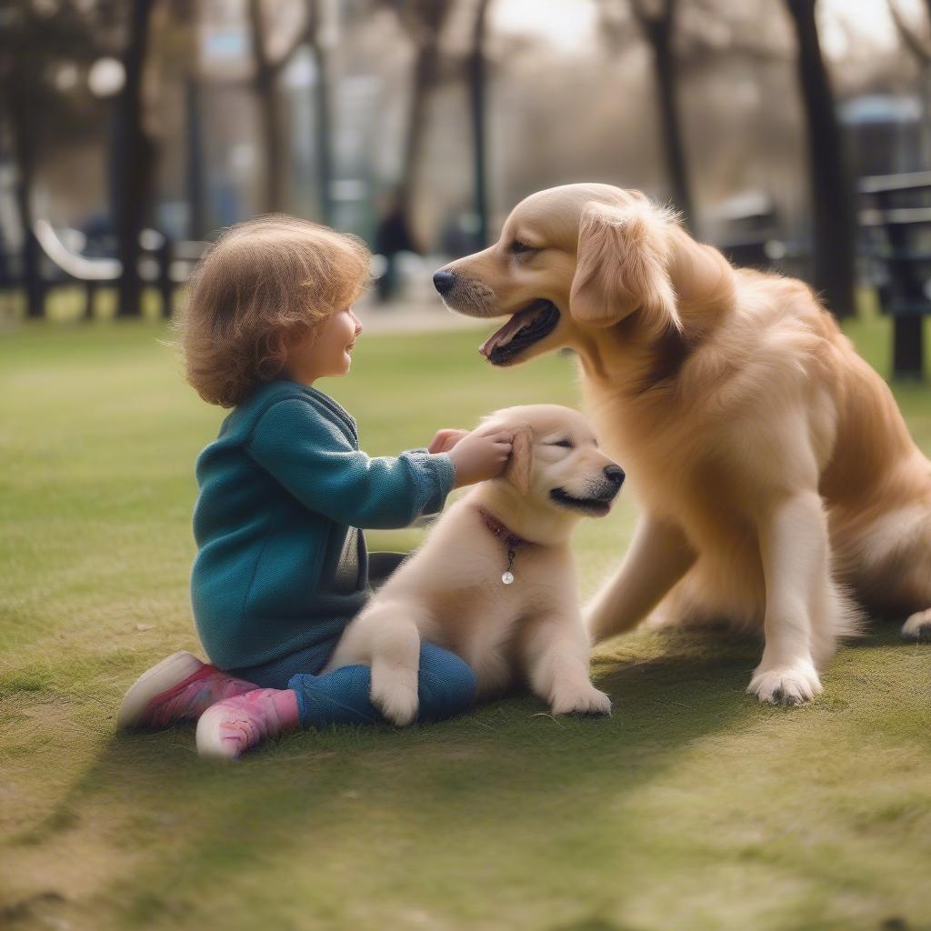 Golden Retriever chơi đùa cùng trẻ nhỏ