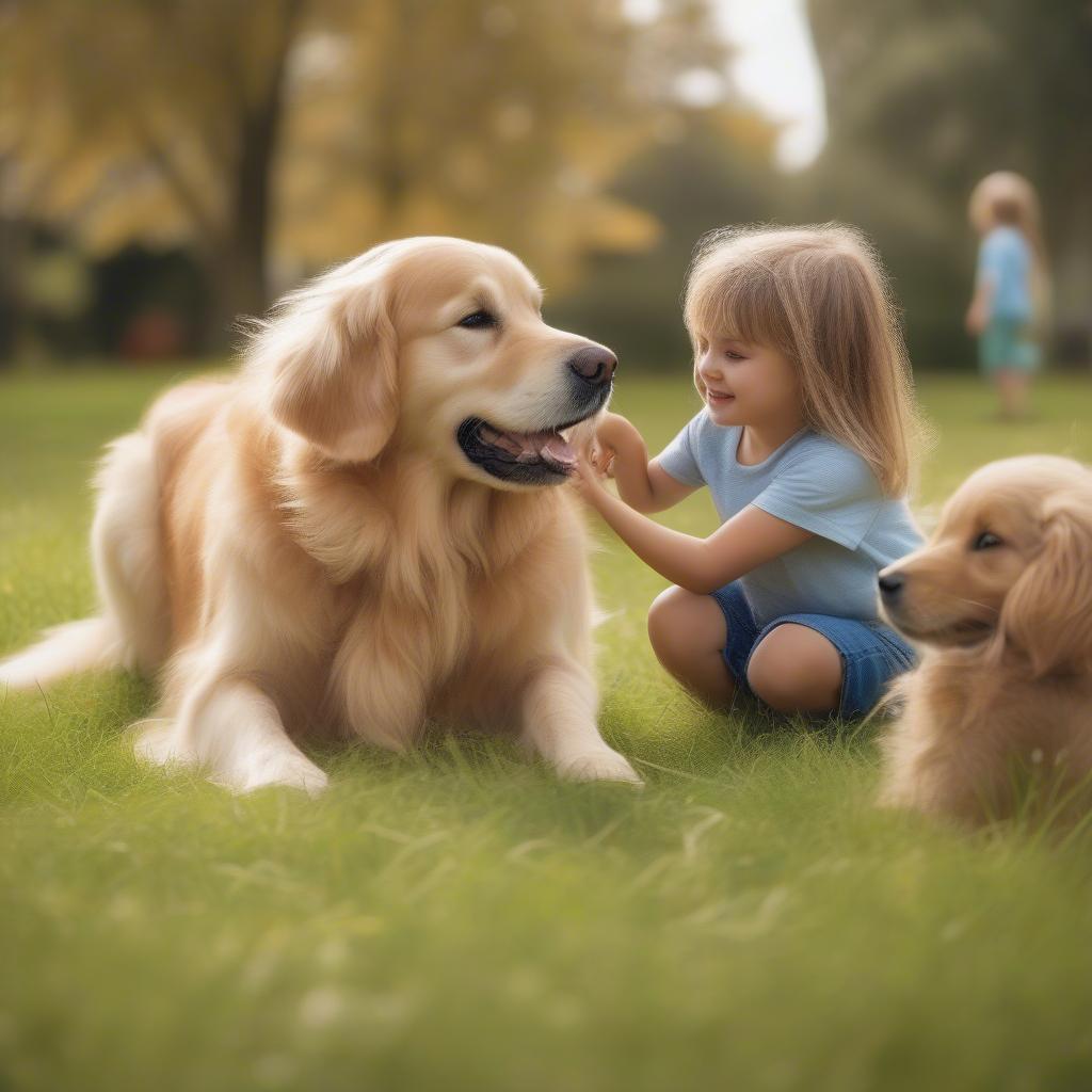 Golden Retriever đáng yêu chơi đùa cùng trẻ em