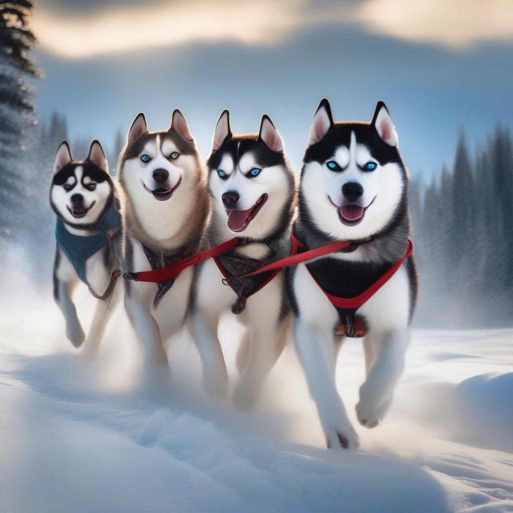 Chó Husky Siberia kéo xe trên tuyết trắng