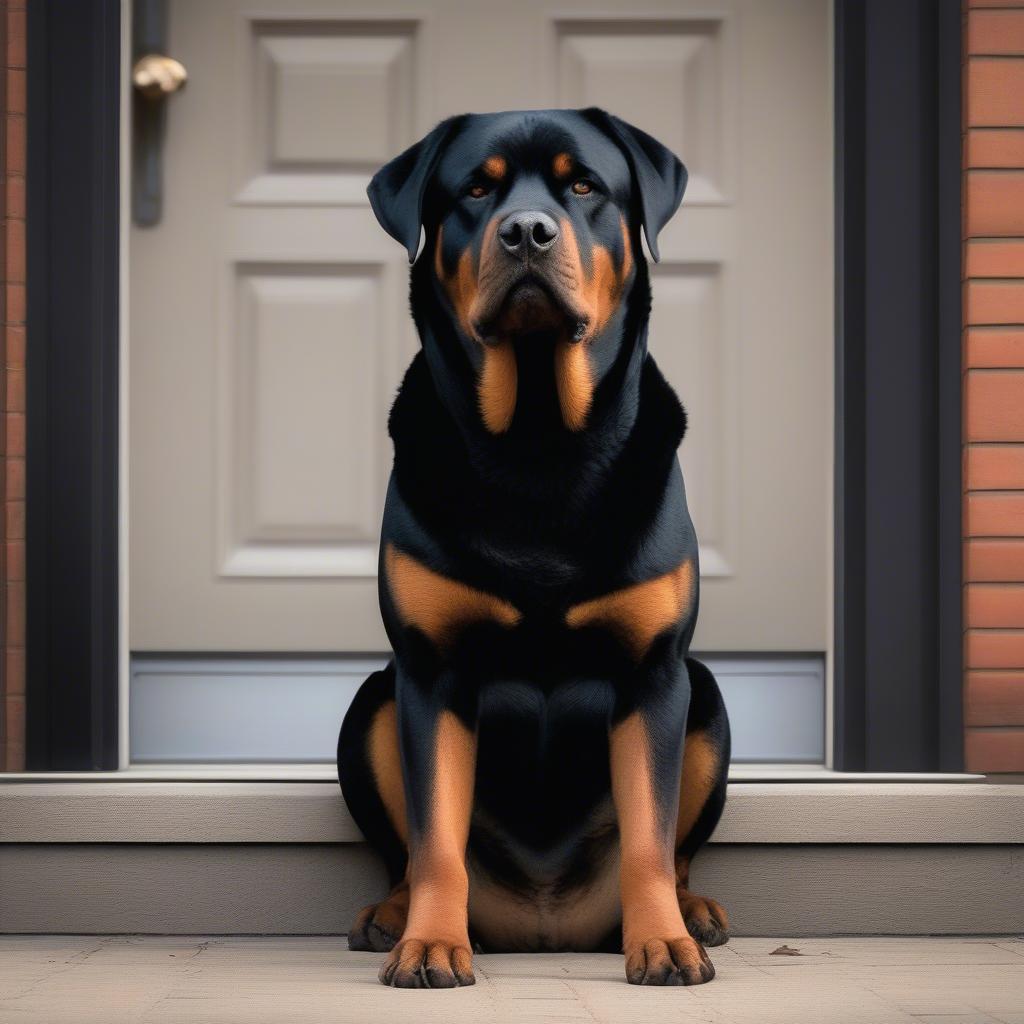 Chó Rottweiler đang canh gác trước cửa nhà.