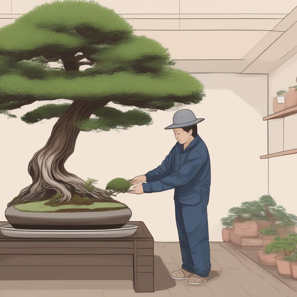 Hình ảnh một người đang lựa chọn cây bonsai trong vườn