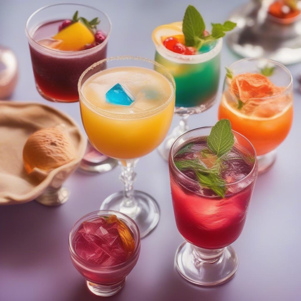 Nhiều loại cocktail với màu sắc bắt mắt được trang trí đẹp mắt.