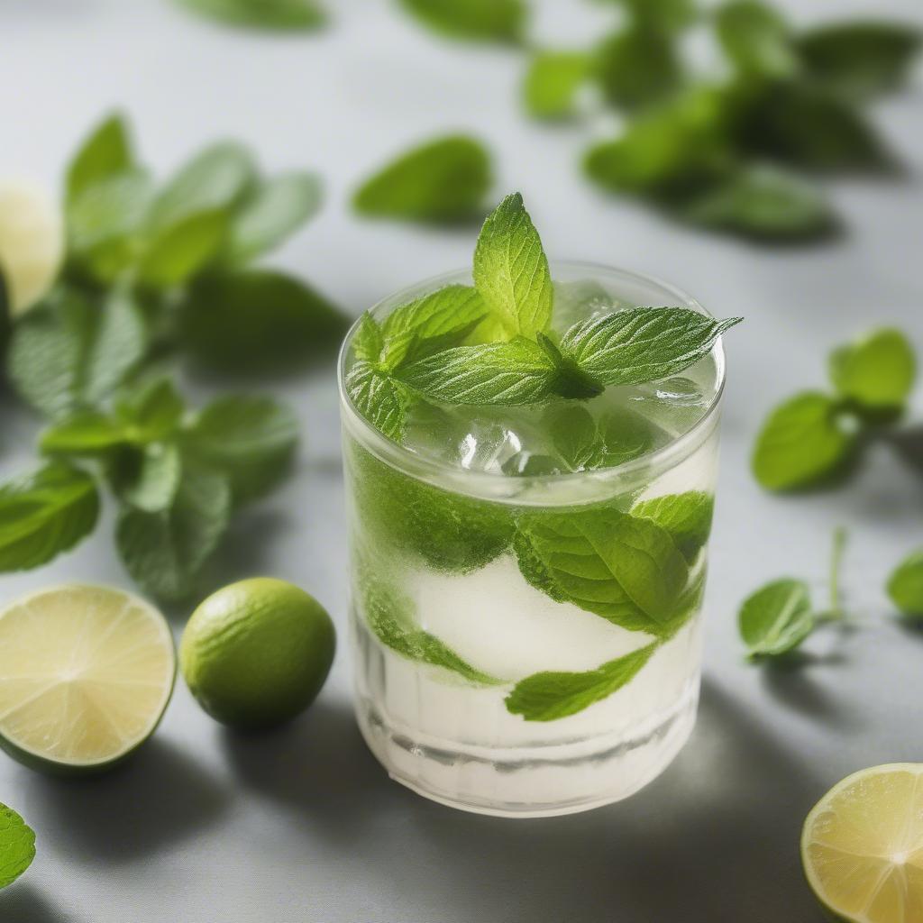 Ly cocktail Mojito đơn giản với lá bạc hà tươi mát.