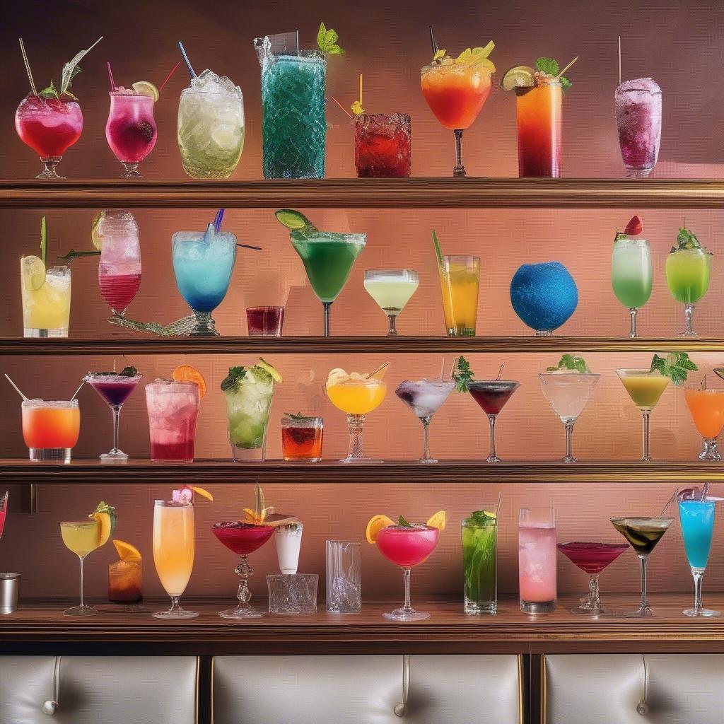 Các loại cocktail được trưng bày trong bar