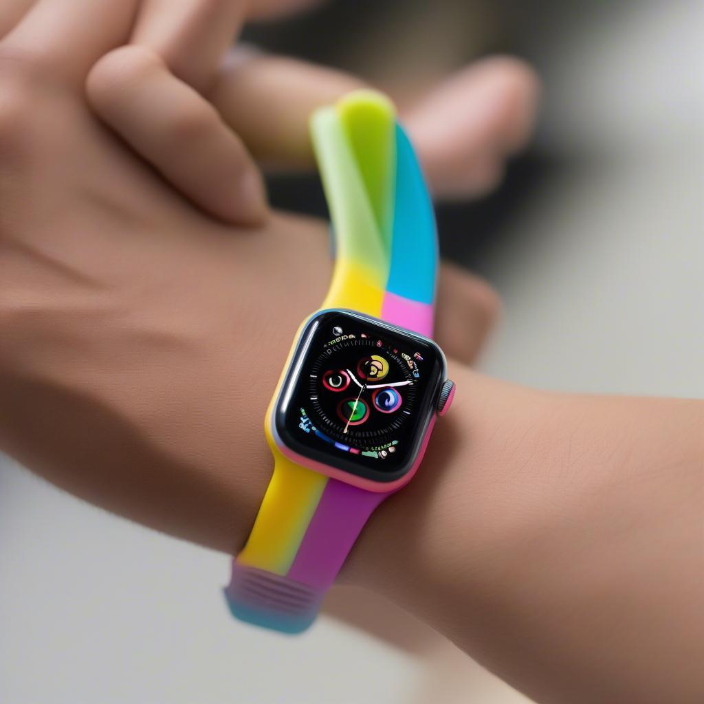 Đồng hồ thông minh Apple Watch SE với thiết kế gọn nhẹ và dây đeo silicon màu sắc.