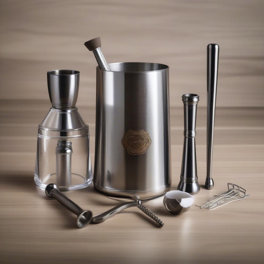 Bộ dụng cụ pha chế cocktail chuyên nghiệp với jigger, shaker, muddler.