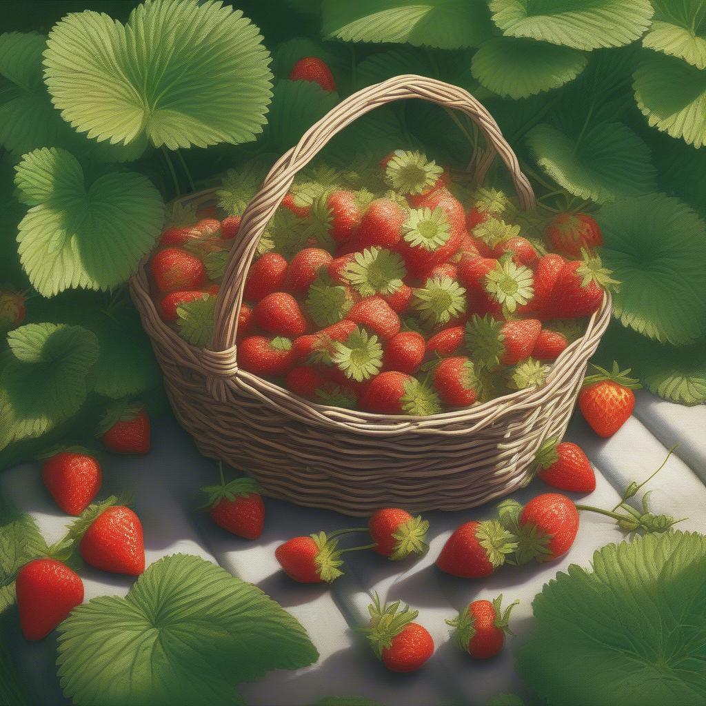 Basket of fresh strawberries in the garden.