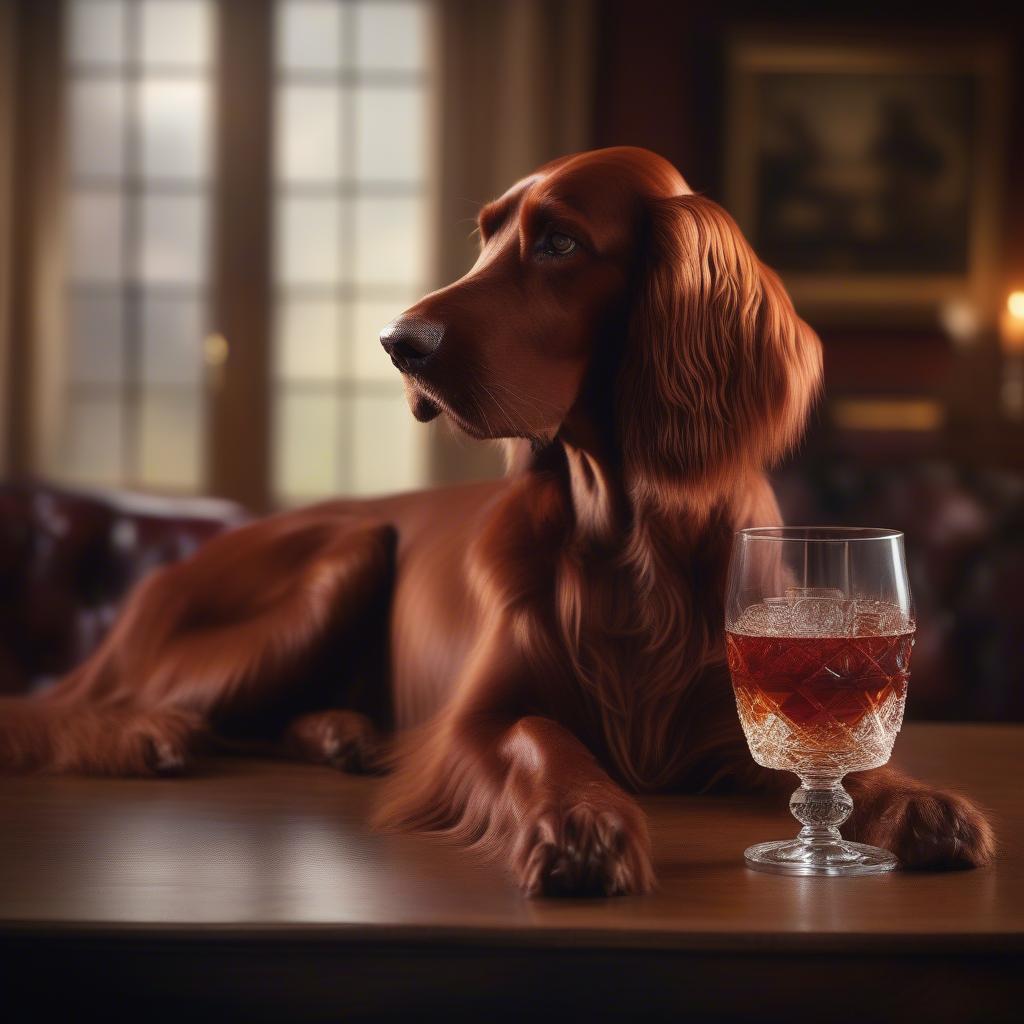 Irish Setter bên cạnh ly Whisky