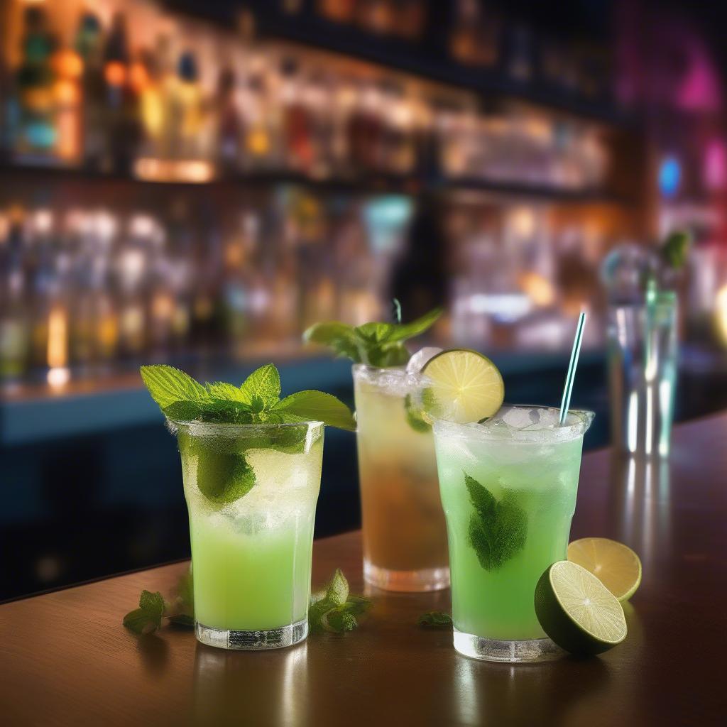 Ly Mojito và Margarita trên bàn bar