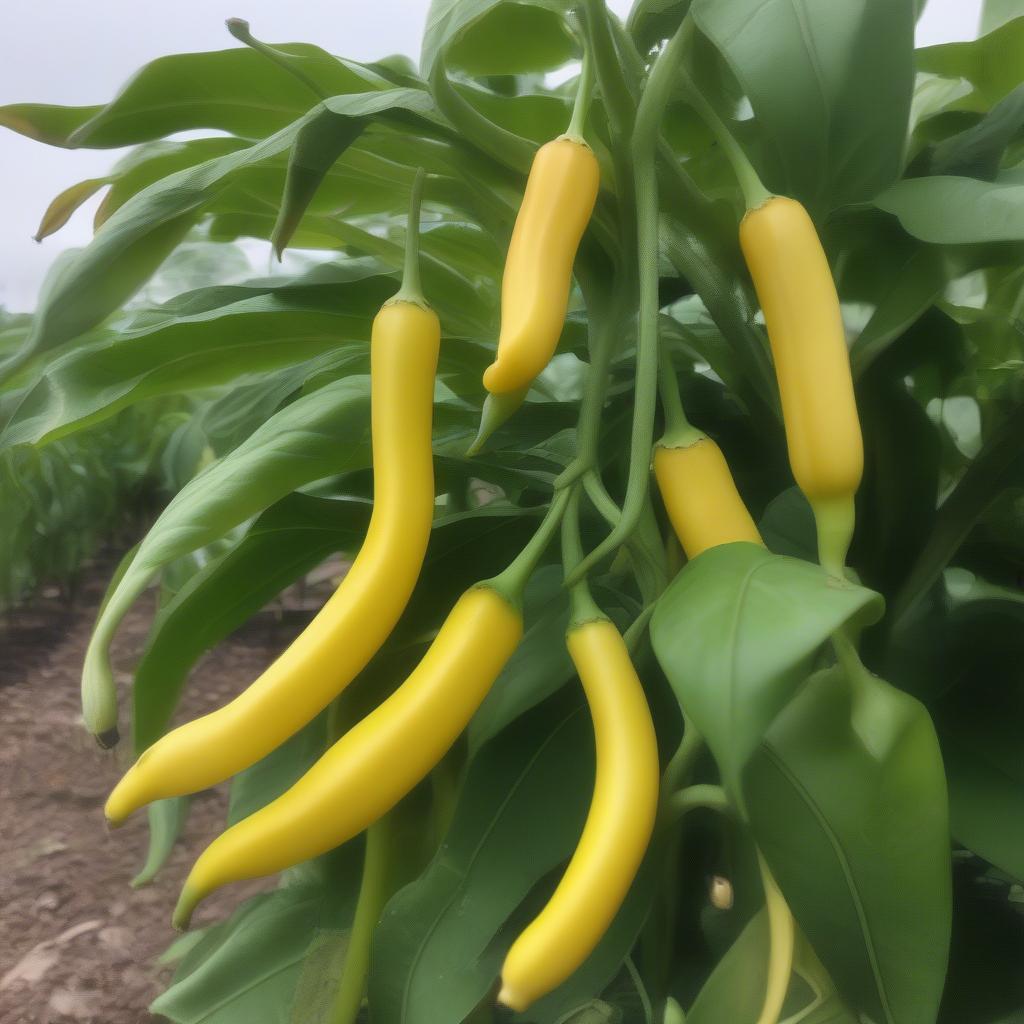 Banana peppers growing on a plant.