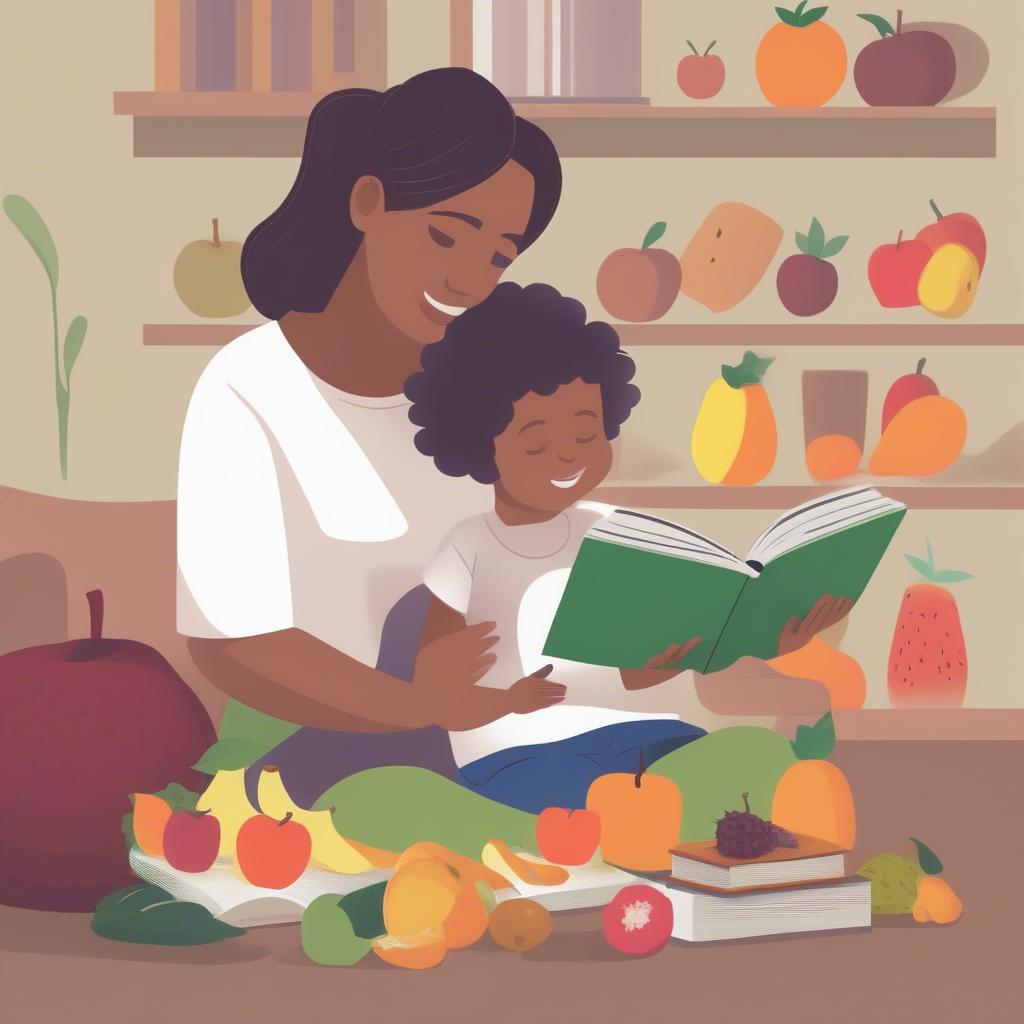 Parent teaching a child the lesson of eating various kinds of fruits through reading