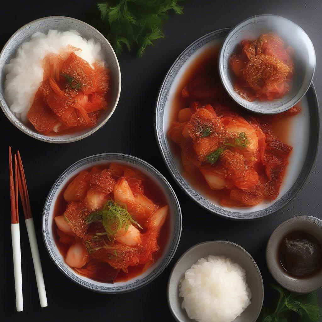 Thưởng thức kimchi củ cải cùng cơm nóng