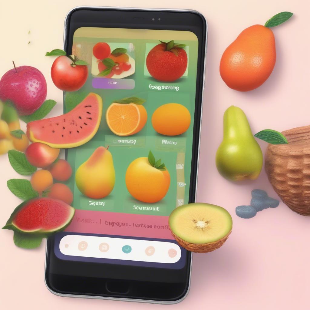 A mobile phone displaying a language learning app with fruit vocabulary.