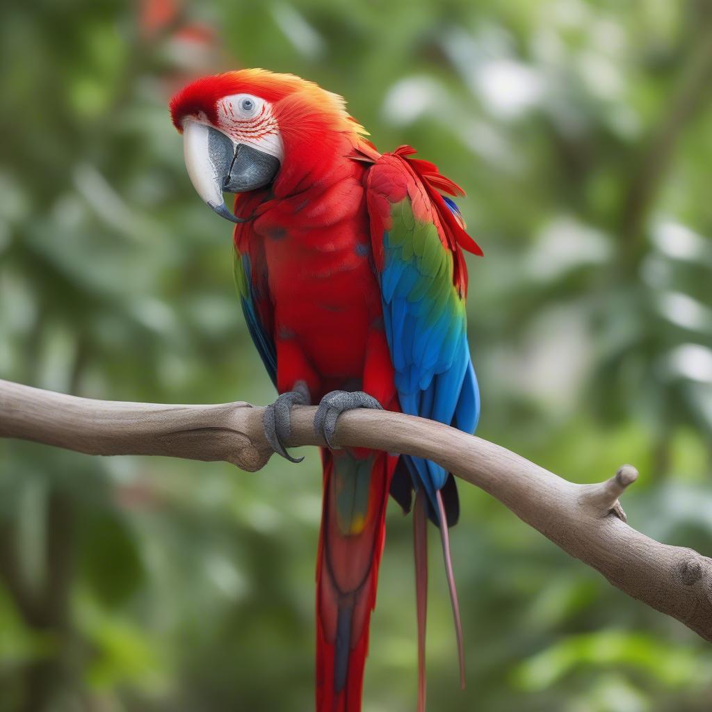 Vẹt Macaw đỏ xanh đang đậu trên cành cây, khoe bộ lông sặc sỡ với màu đỏ chủ đạo, điểm xuyết xanh và vàng.