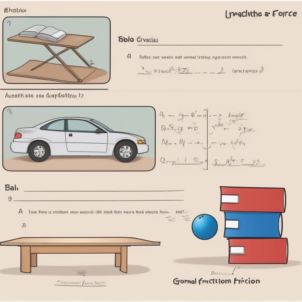 Image depicting various scenarios involving mechanical forces suitable for multiple-choice questions. Include examples like a pendulum swinging (gravity and tension), a block on an inclined plane (gravity, normal force, and friction), and a car accelerating (friction and applied force).