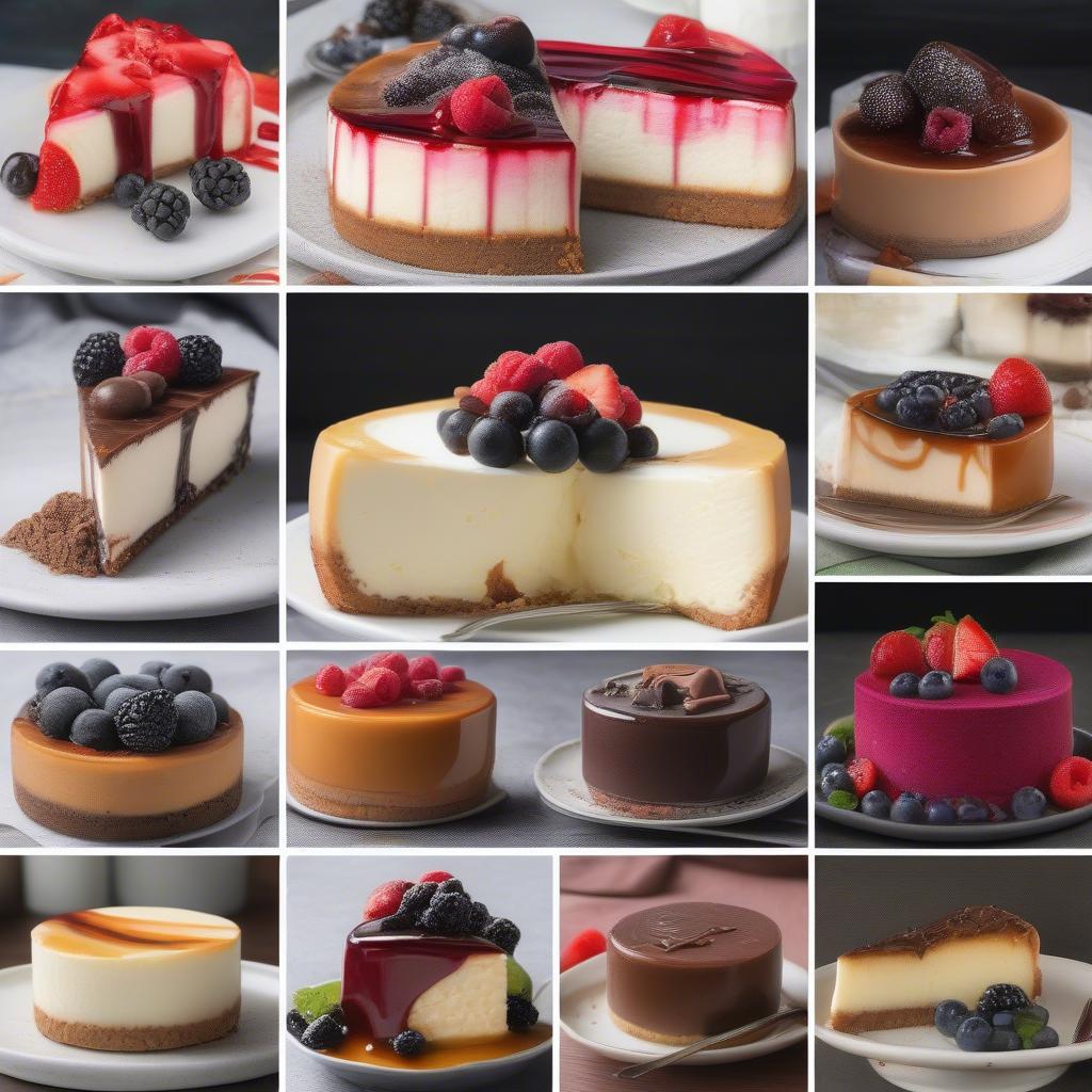 Các loại bánh cheesecake với đa dạng topping và hương vị