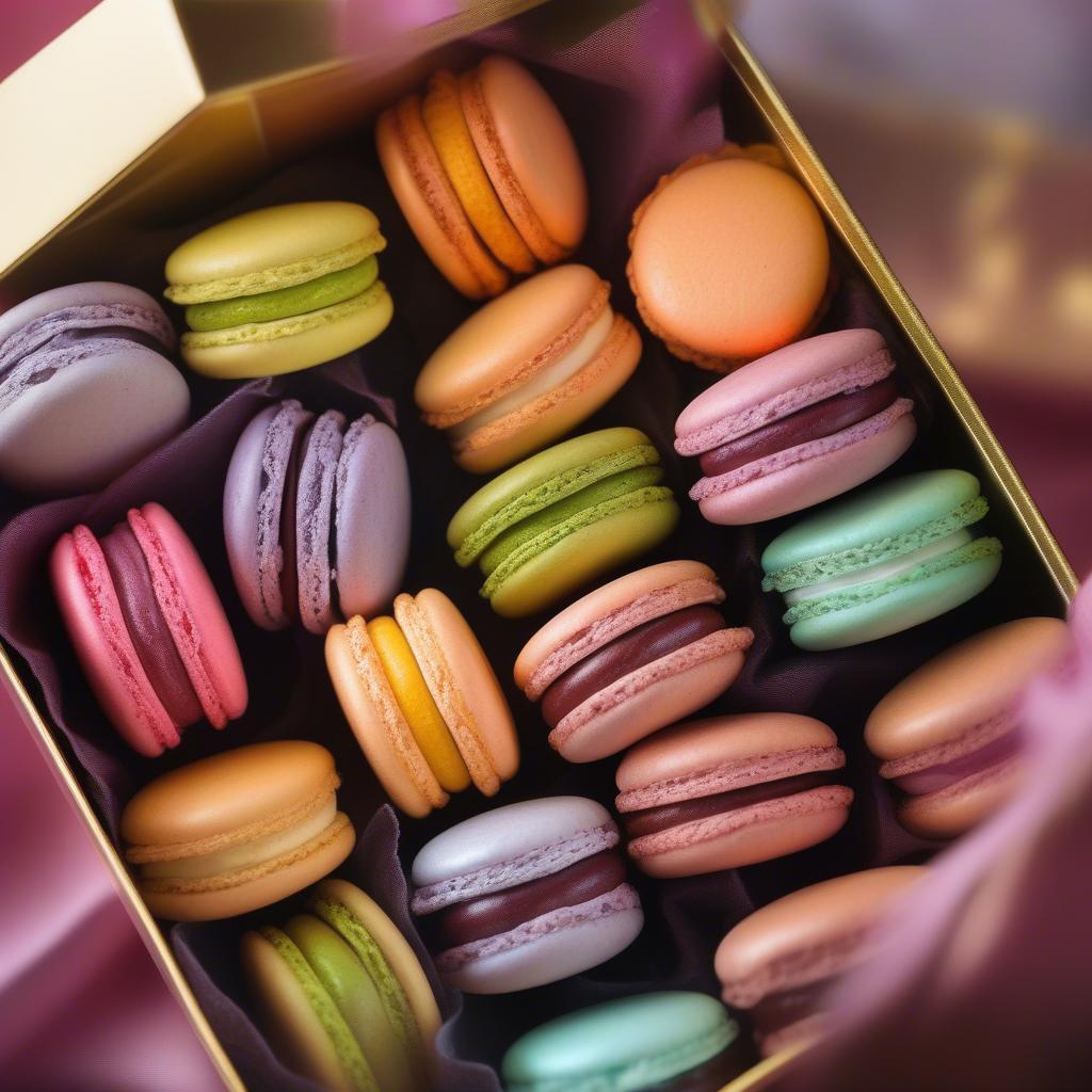 Hình ảnh những chiếc bánh macarons đầy màu sắc, được xếp ngay ngắn trong hộp sang trọng.