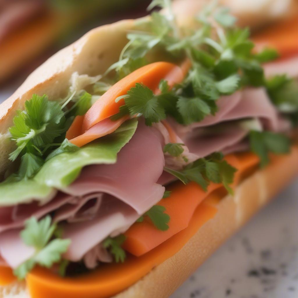 Bánh mì baguette kẹp truyền thống với pate, thịt nguội và rau tươi.