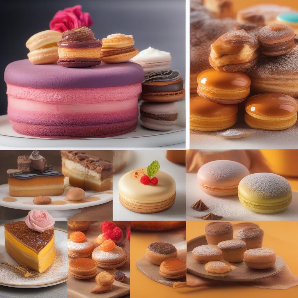 Hình ảnh các loại bánh ngọt Châu Âu hấp dẫn, từ bánh Macaron, Tiramisu đến bánh mì Brioche và Tart Tatin.