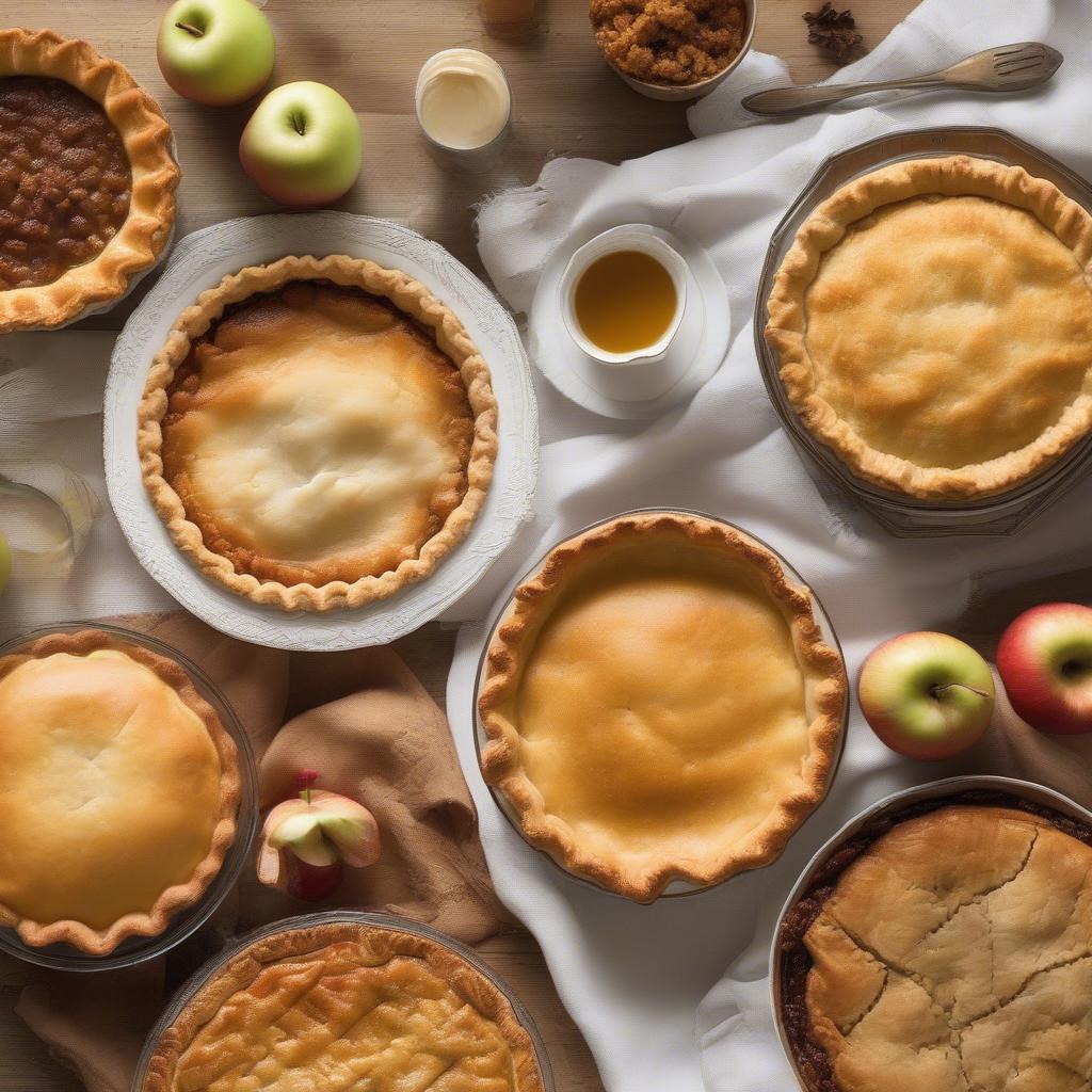 Hình ảnh minh họa ba loại bánh pie nổi tiếng: Apple Pie, Shepherd's Pie, và Tourtière.