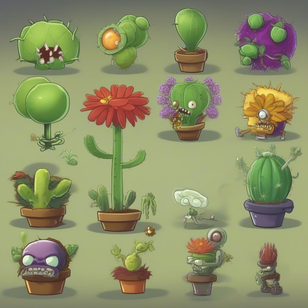 Các loại cây tấn công từ xa trong Plant vs Zombie, bao gồm Peashooter, Repeater, Threepeater, Cactus, và Cabbage-pult.