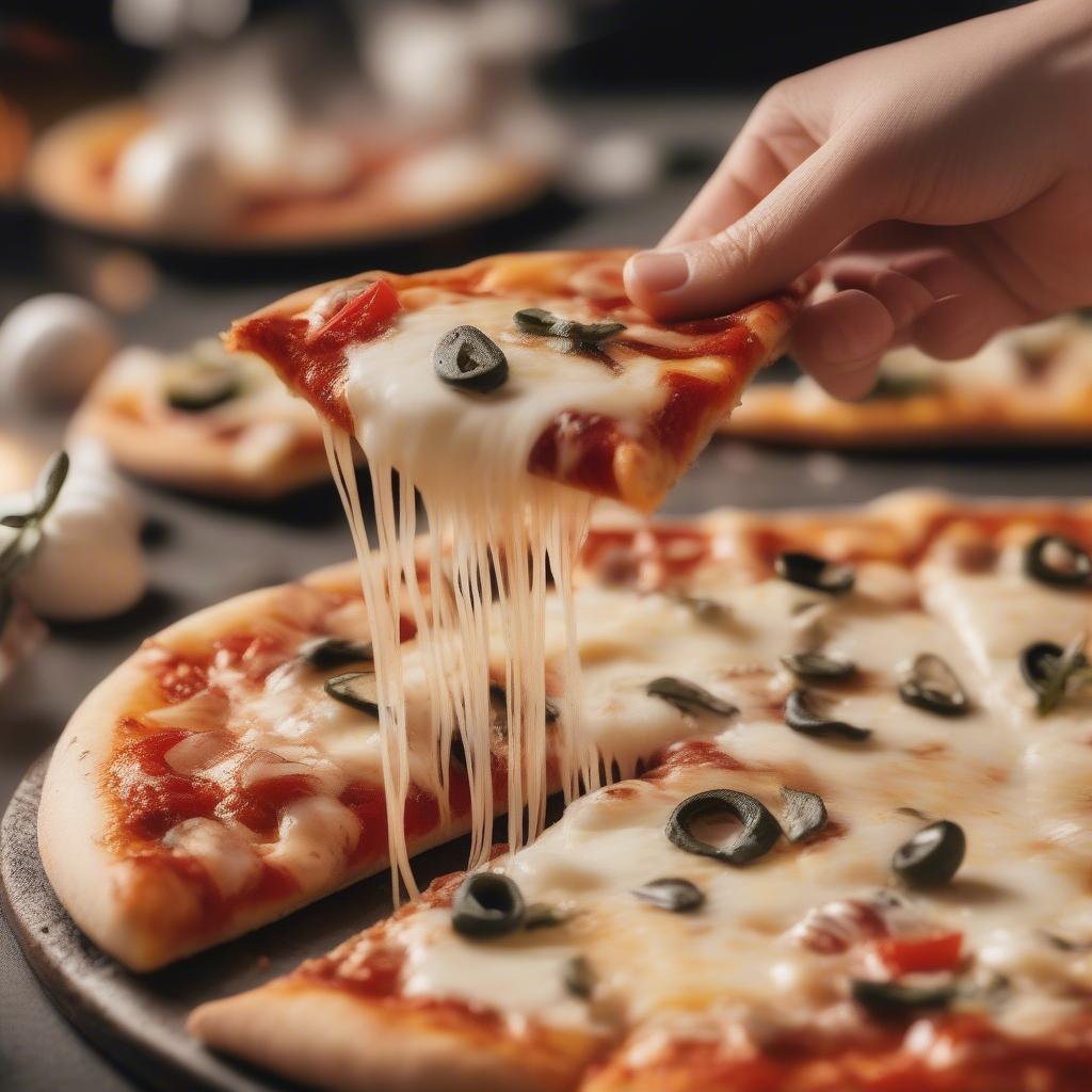 Mozzarella cheese kéo sợi trên pizza nóng hổi