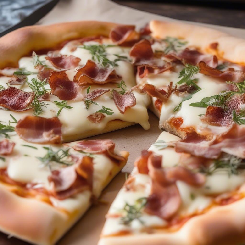 Pizza với Provolone cheese và thịt xông khói