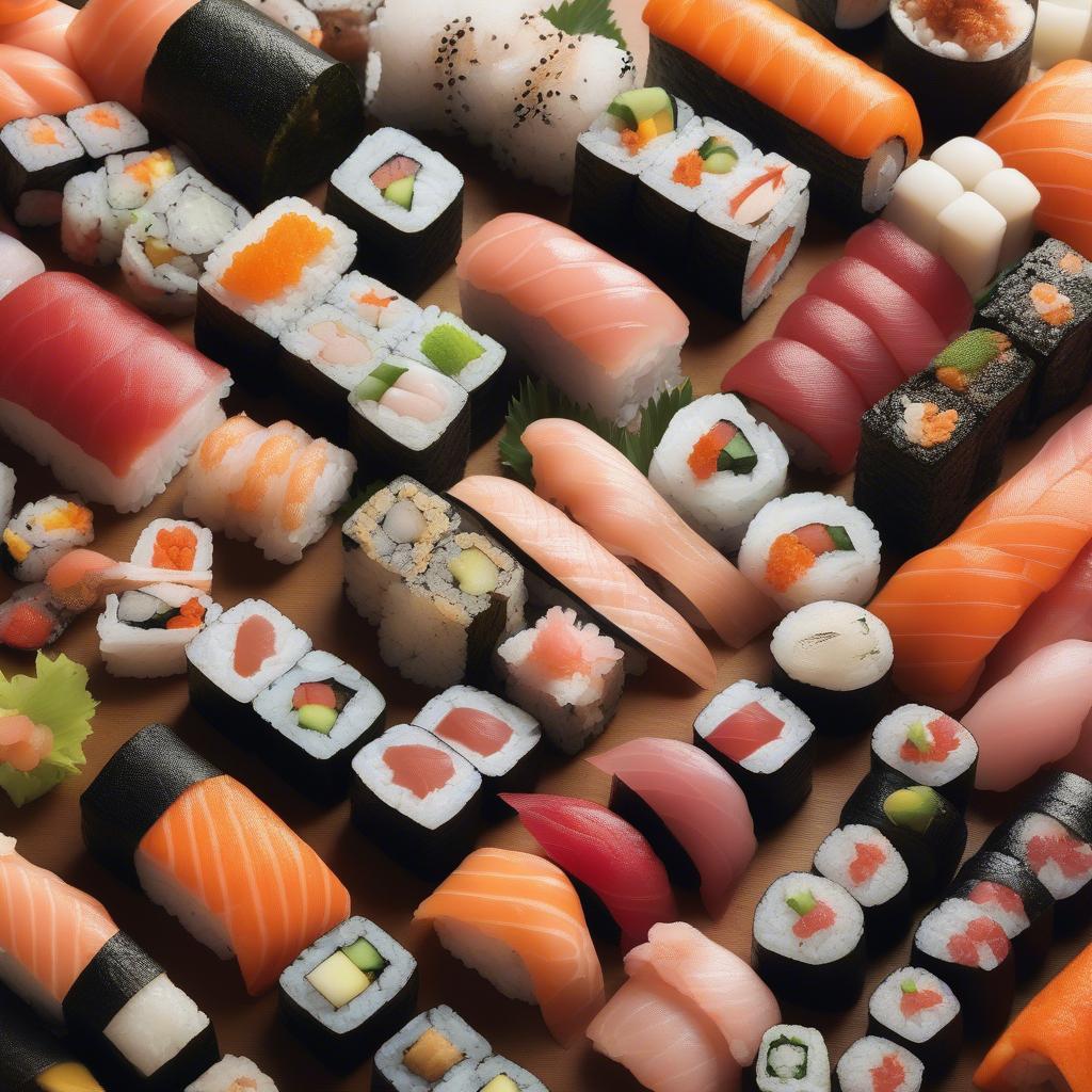 Hình ảnh các loại sushi khác nhau, từ nigiri, maki đến các loại sushi đặc biệt.