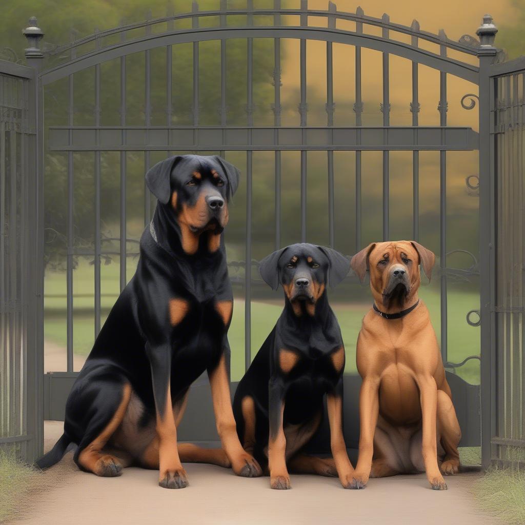 Chó bảo vệ Rottweiler, Doberman và Mastiff đang canh gác.