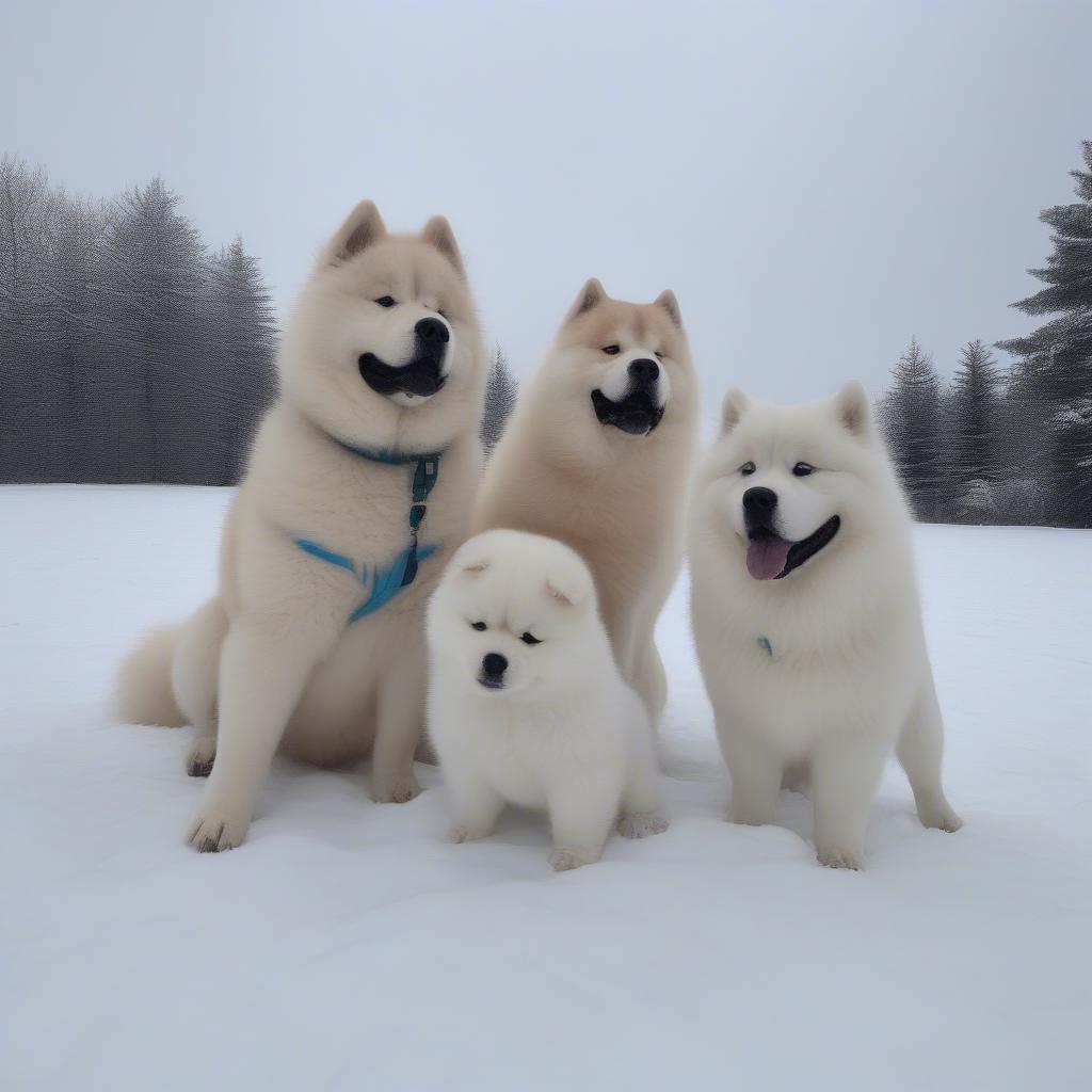 Chó con Samoyed, Chow Chow và Husky đang chơi đùa trên tuyết